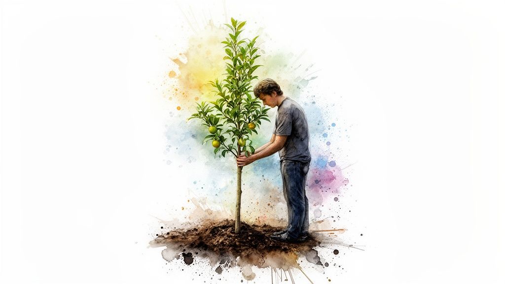 Jeune homme plantant un jeune arbre fruitier dans la terre, sur un fond aquarelle abstrait et coloré.