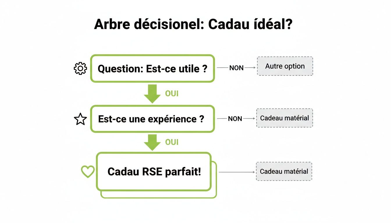 Arbre décisionnel pour trouver le cadeau idéal, distinguant entre utile, expérience et RSE parfait, ou cadeau matériel.