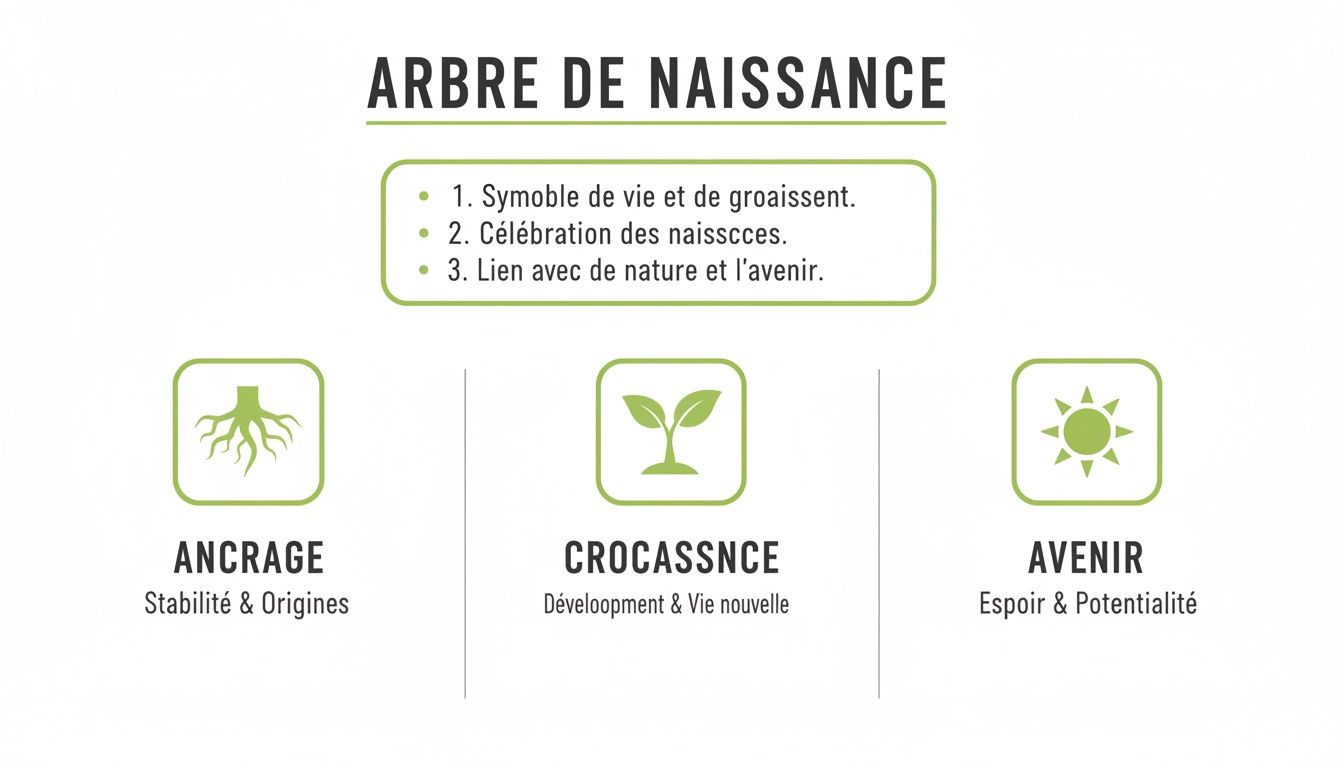 Infographie expliquant le concept de l'Arbre de Naissance avec ses symboles d'ancrage, de croissance et d'avenir.