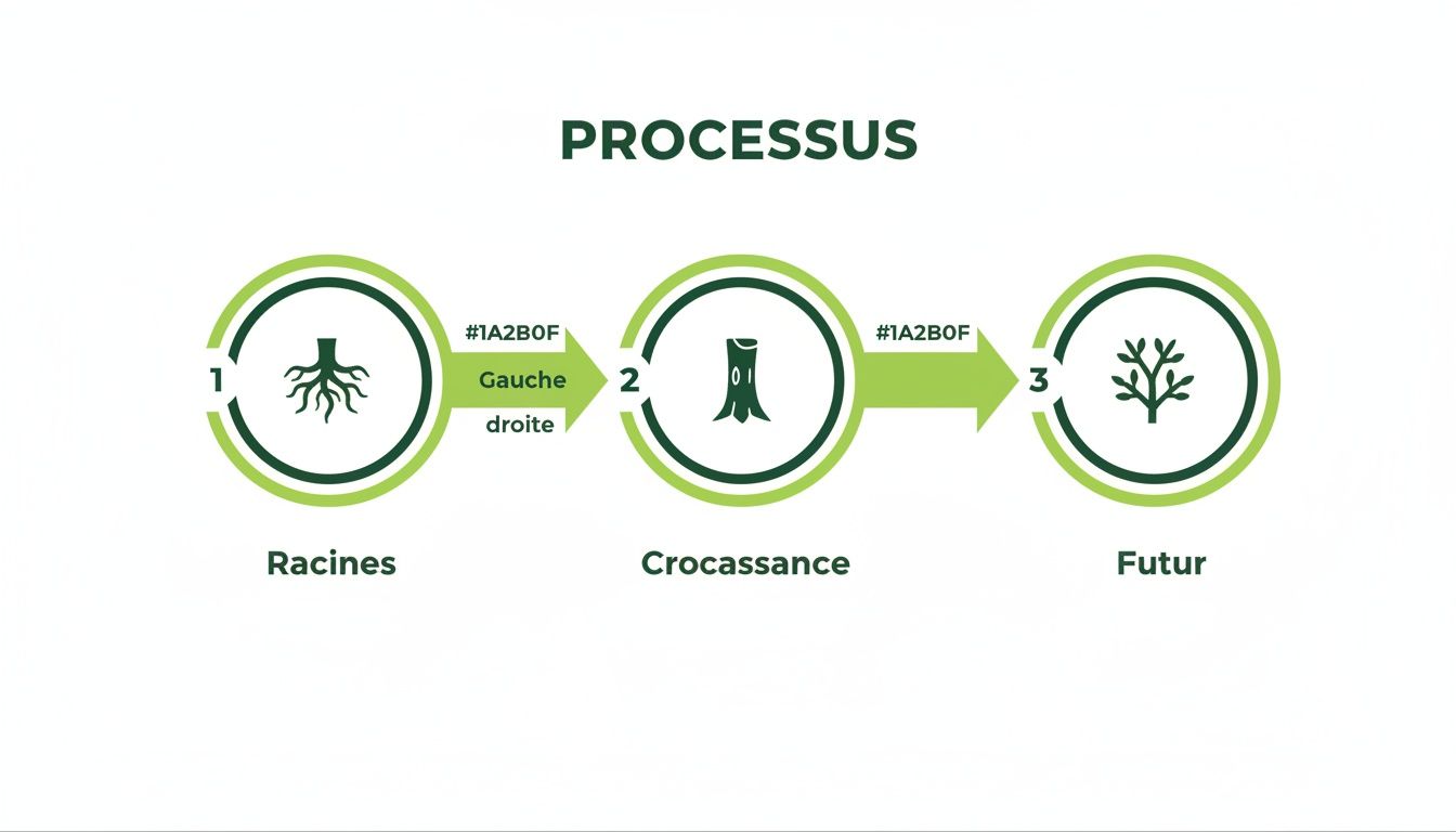 Infographie illustrant le processus de croissance d'un arbre, des racines au développement futur, divisé en trois étapes.
