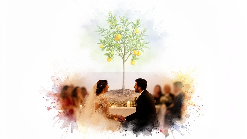 Mariés se tenant la main sous un oranger stylisé, avec un effet d'aquarelle. Les invités sont flous en arrière-plan.