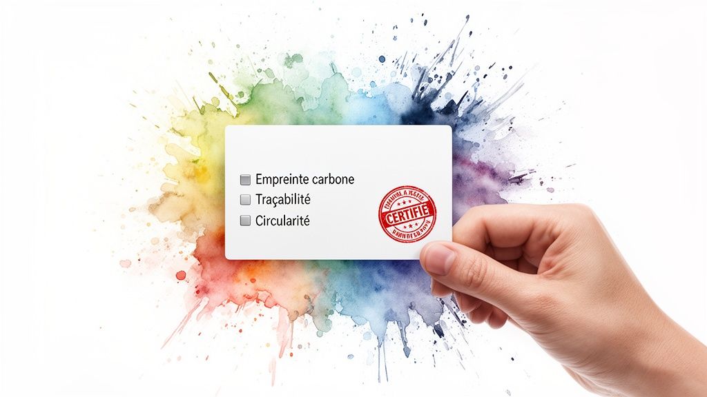 Main tenant une carte blanche avec des options d'empreinte carbone, traçabilité et circularité, certifiée durable sur fond d'aquarelle.