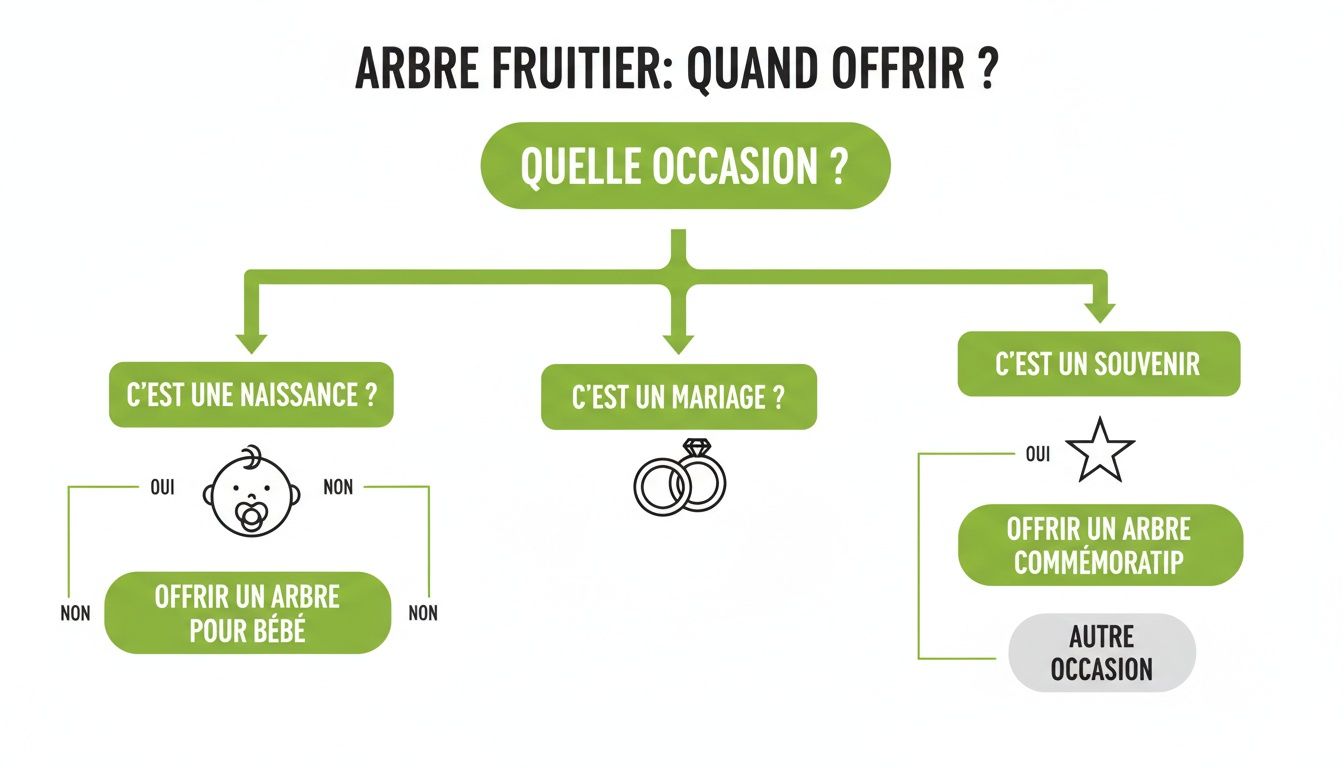 Diagramme de décision expliquant quand offrir un arbre fruitier selon l'occasion: naissance, mariage ou souvenir.