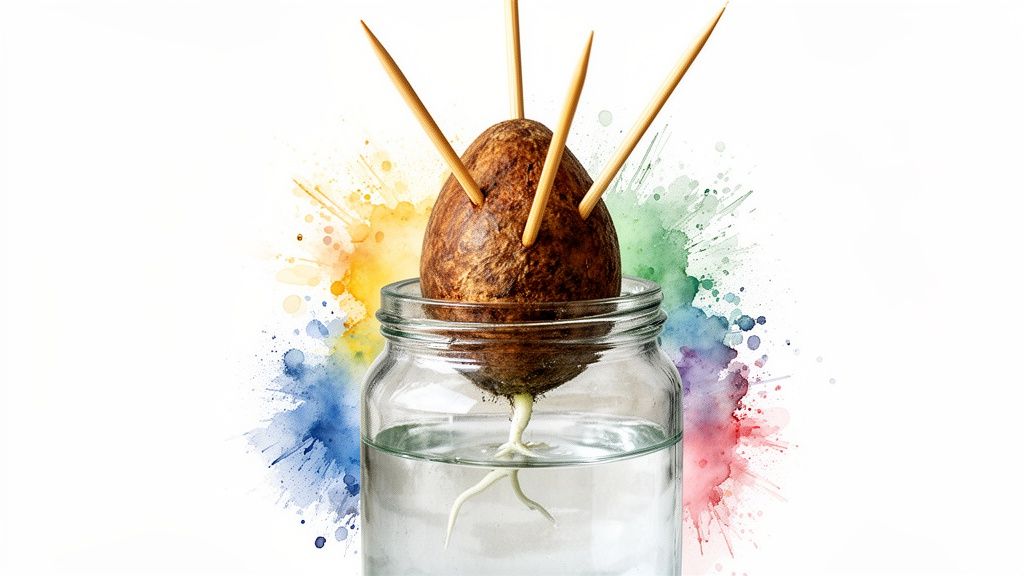 Un noyau d'avocat germe dans un bocal en verre avec des cure-dents et des éclaboussures de peinture colorées.