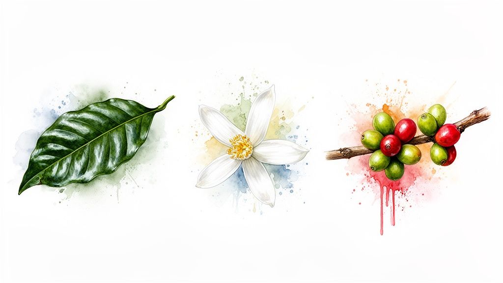 Illustration aquarelle des étapes de croissance du caféier: une feuille verte, une fleur blanche et des cerises rouges et vertes sur une branche.