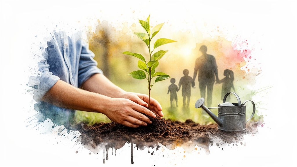 Mains plantant un jeune arbre dans la terre, avec une famille et un arrosoir en arrière-plan.