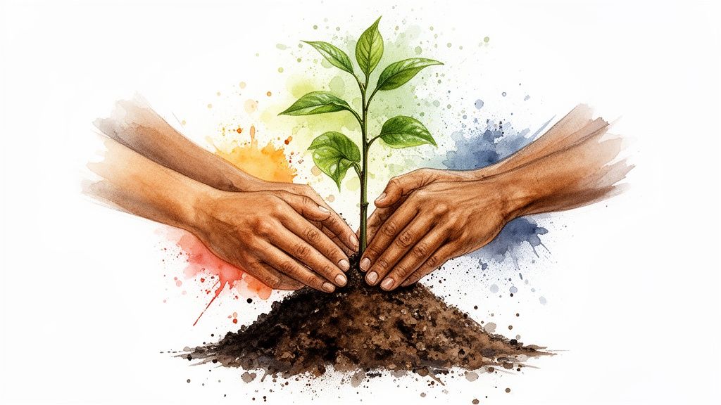 Illustration aquarelle de deux mains plantant une jeune pousse verte symbolisant la croissance et l'environnement.