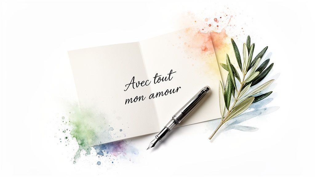 Carte ouverte avec le message manuscrit « Avec tout mon amour », un stylo plume et une branche d'olivier sur fond blanc avec des éclaboussures d'aquarelle.