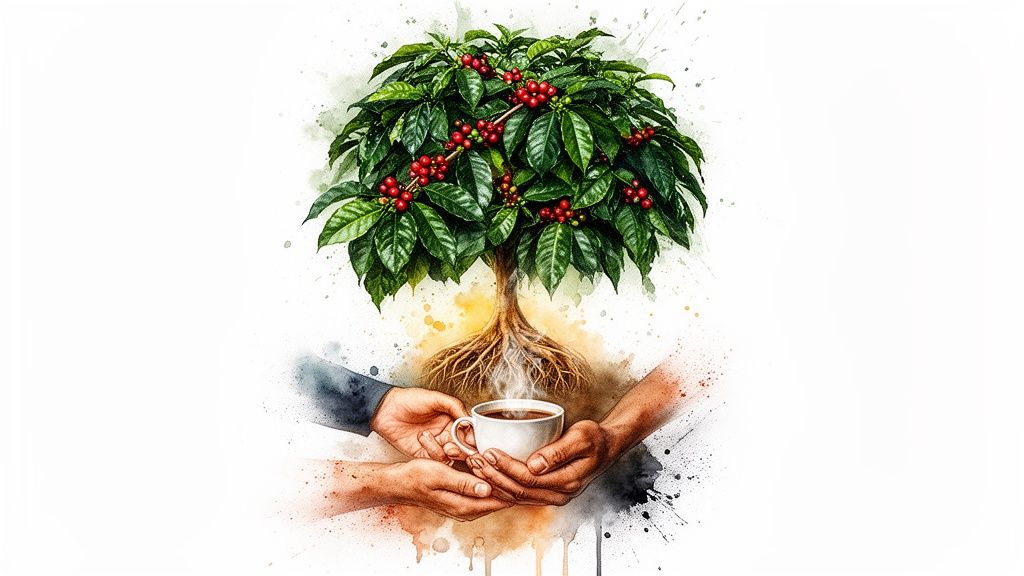 Illustration aquarelle d'un caféier en pleine croissance avec ses baies et ses racines, et des mains partageant une tasse de café chaud.