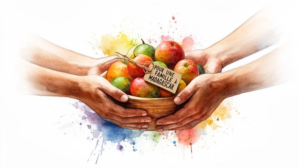 Des mains tiennent un bol de fruits colorés avec une étiquette "POUR UNE FAMILLE À MADAGASCAR" sur fond blanc avec des éclaboussures d'aquarelle.
