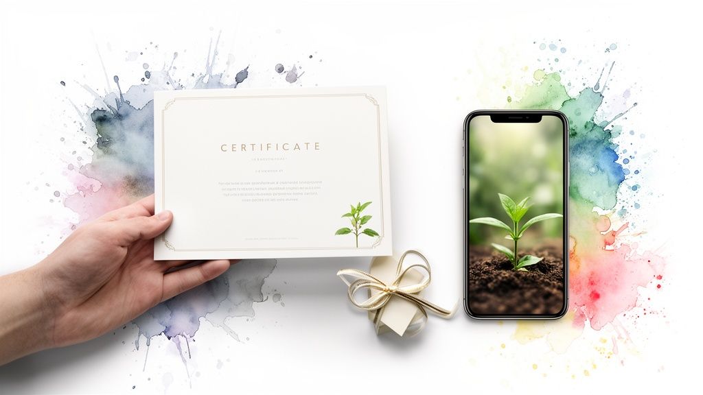Une main présente un certificat avec une plante, à côté d'une petite boîte cadeau et d'un smartphone affichant un semis sur un fond aquarelle coloré.