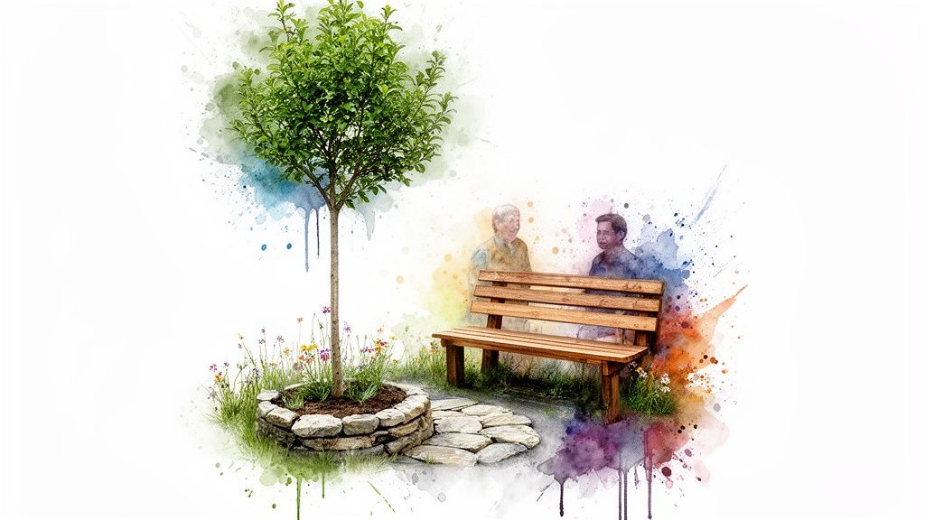 Peinture à l'aquarelle d'un arbre, d'un banc en bois avec deux personnes et d'un chemin de pierres.