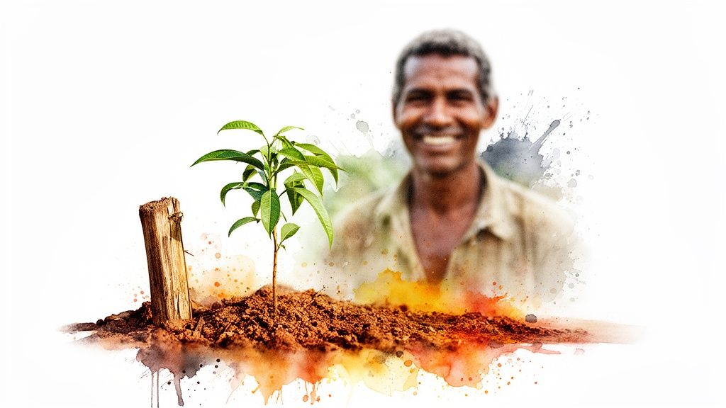 Jeune plante en croissance dans la terre, avec un homme souriant en arrière-plan, évoquant espoir et nature.