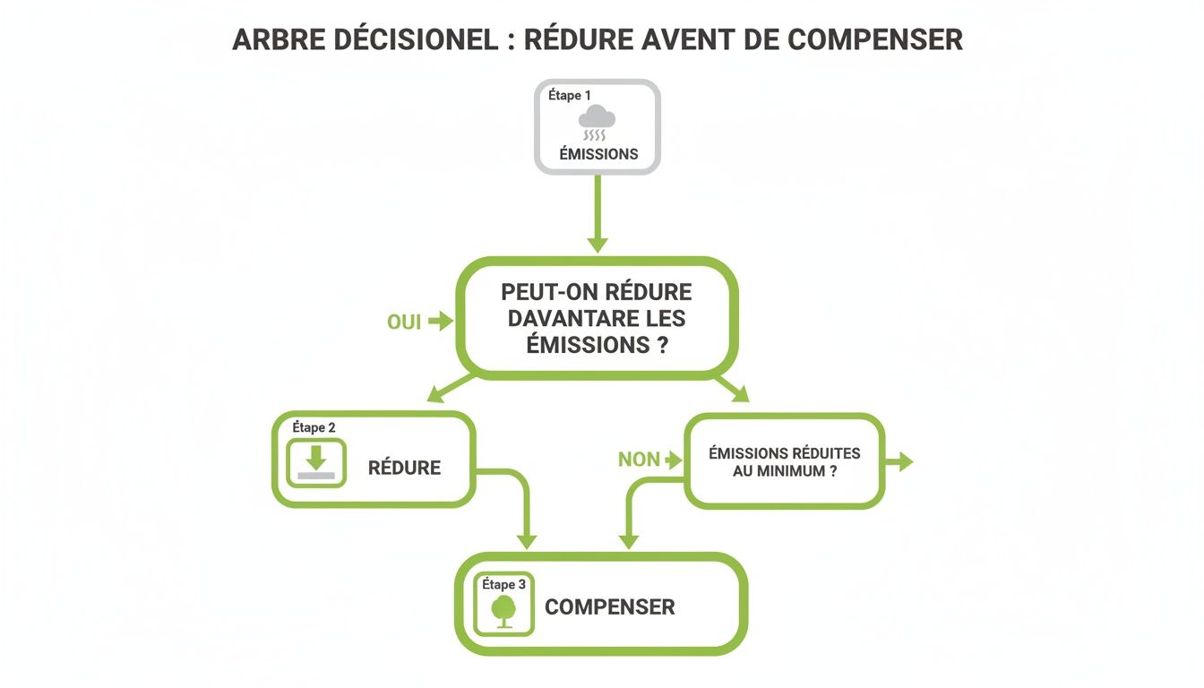 Arbre décisionnel illustrant les étapes pour réduire puis compenser les émissions carbone, avec les options Oui/Non.