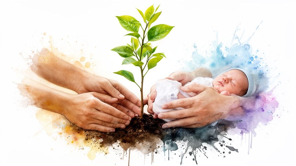 Des mains plantent un jeune arbre et d'autres tiennent un bébé, symbolisant la vie et la croissance.