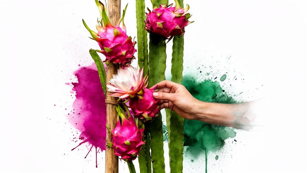 Une main cueille un fruit du dragon rose éclatant sur une plante de cactus, avec des éclaboussures colorées.