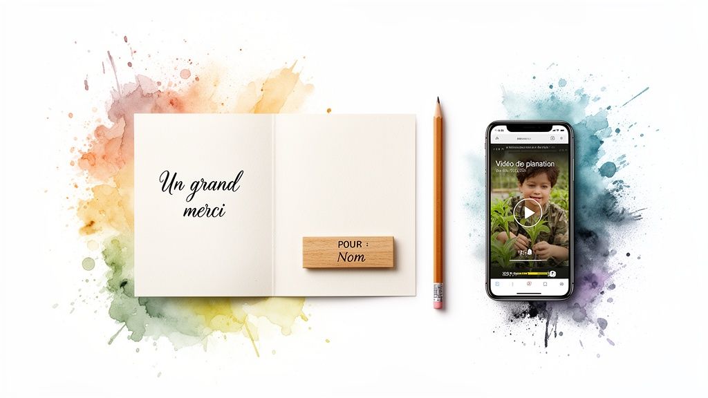 Carte de remerciement ouverte avec l'inscription 'Un grand merci', un bloc en bois 'POUR : Nom', un crayon et un smartphone affichant une vidéo de jardinage.