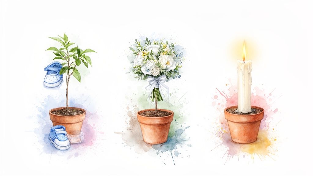 Illustration aquarelle des étapes de la vie : plant avec chaussures de bébé, bouquet de mariage, bougie allumée en pot.