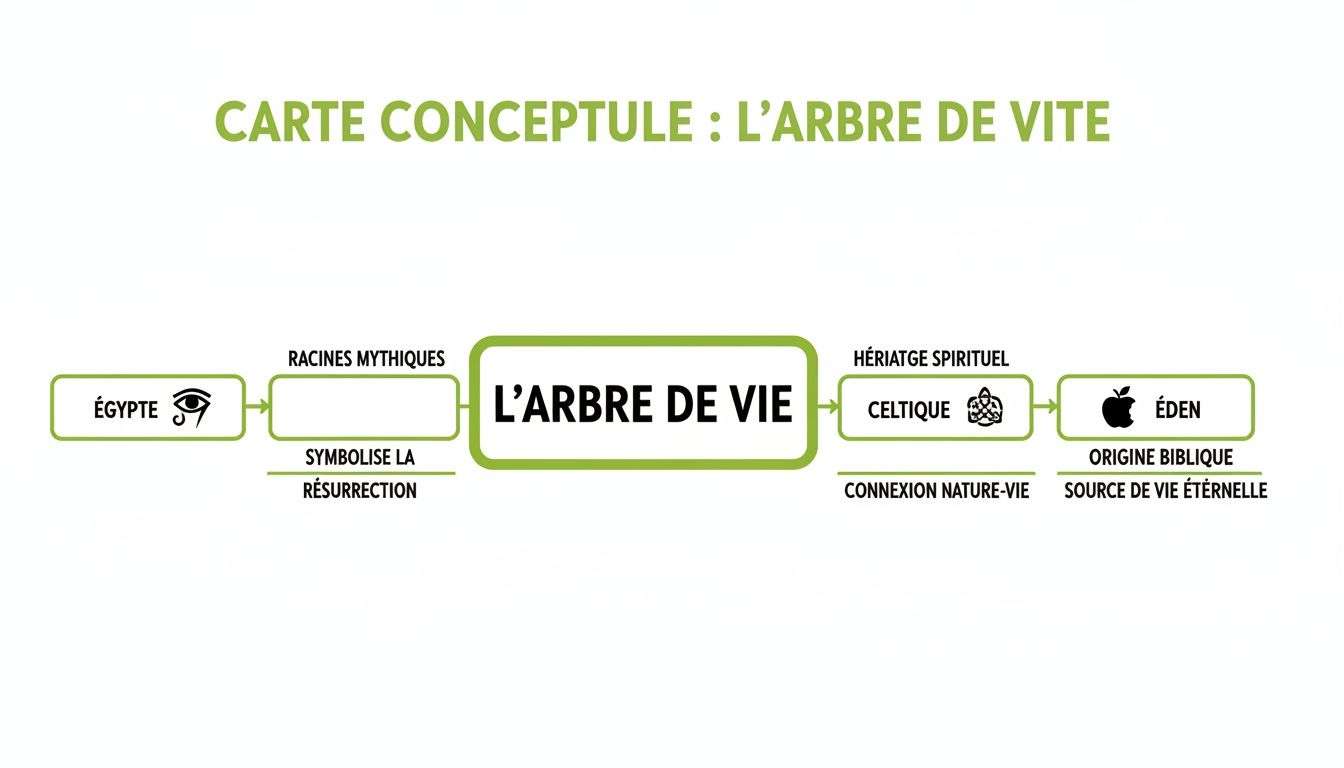 Carte conceptuelle détaillant l'Arbre de Vie, de ses racines mythiques égyptiennes à son héritage spirituel celte et son origine biblique de l'Éden.