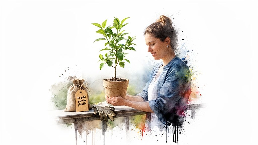 Une femme souriante tient une jeune plante en pot, symbole d'un geste pour la planète.