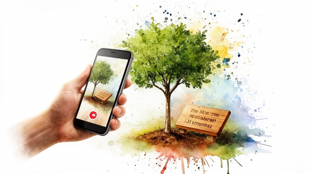 Main tenant un smartphone affichant un arbre et une plaque commémorative, sur fond de peinture aquarelle vibrante.