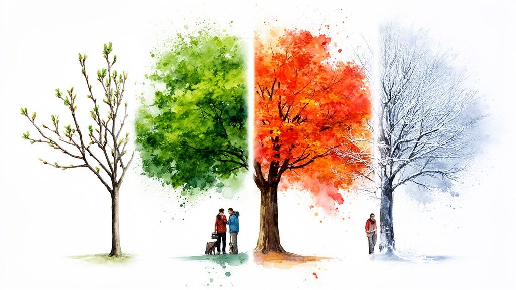 Quatre arbres distincts illustrant les quatre saisons : bourgeons printaniers, feuillage estival, couleurs automnales et branches enneigées hivernales.