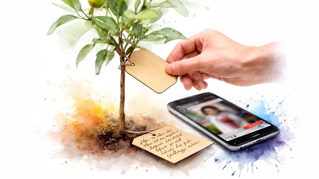 Main attachant une étiquette vierge à un jeune arbre, avec un smartphone et une étiquette manuscrite au sol.