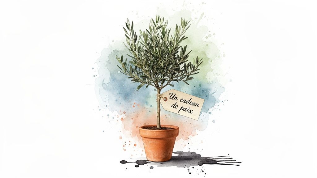 Un jeune olivier en pot avec une étiquette "Un cadeau de paix" sur un fond d'aquarelle.