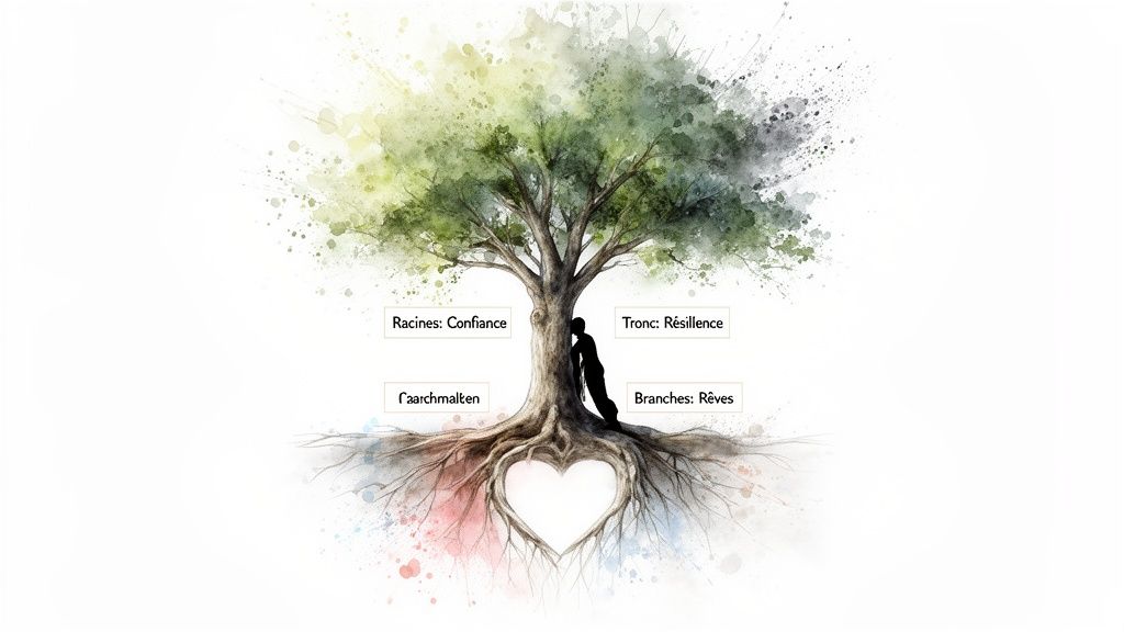 Illustration aquarelle d'un arbre de vie symbolique avec des racines en cœur, un personnage, et les mots confiance, résilience, rêves.