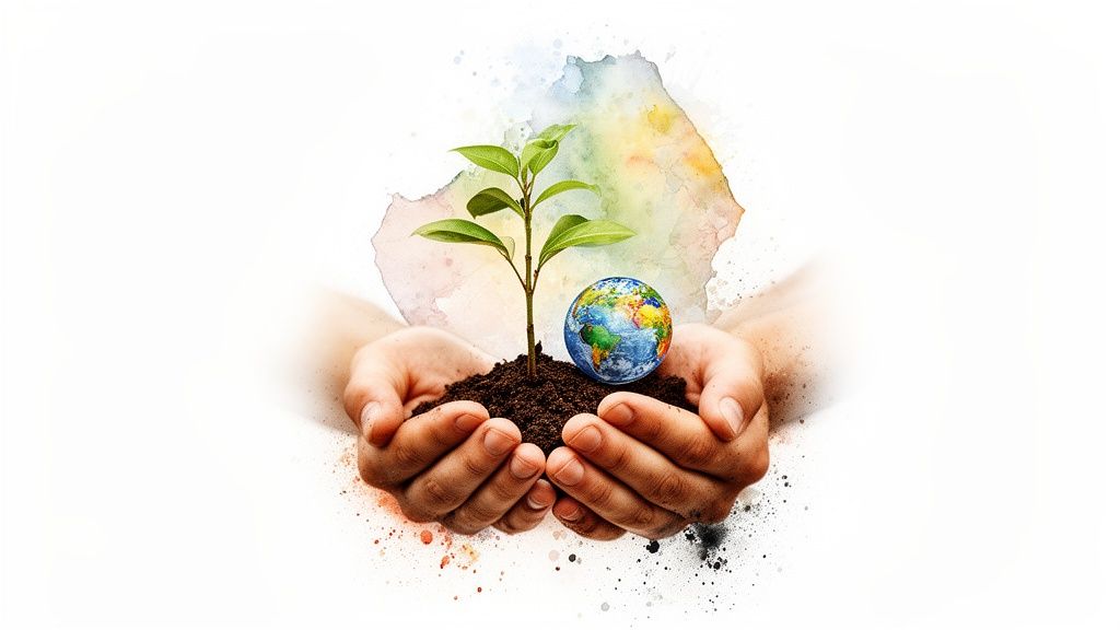 Mains tenant une jeune pousse et un globe terrestre dans du terreau, symbolisant la protection de l'environnement.