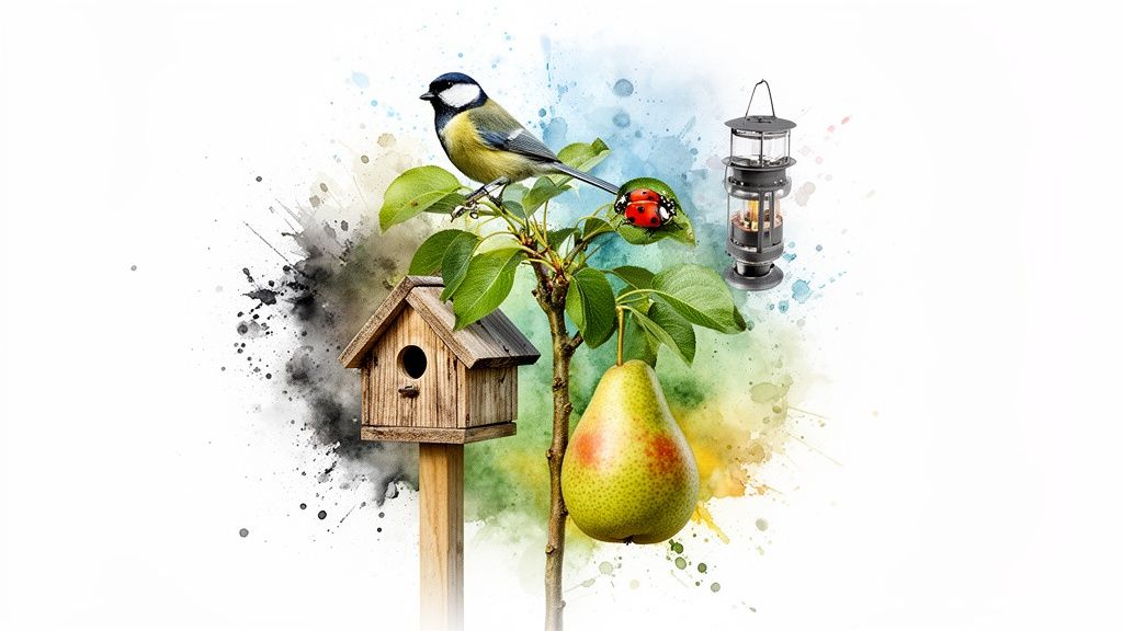 Une mésange sur un poirier avec une poire, un nichoir, une coccinelle et une lanterne sur fond aquarelle.