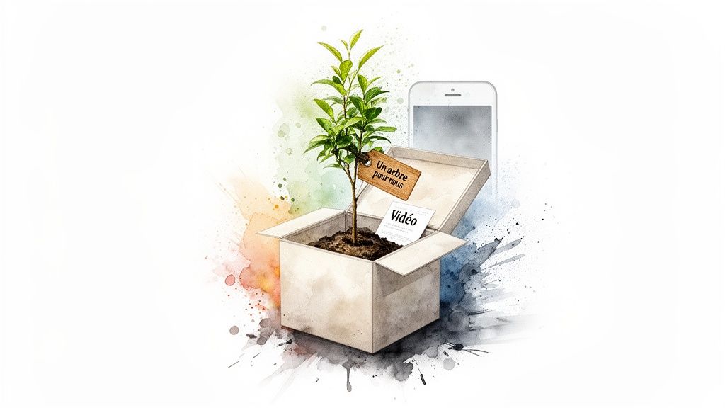 Jeune arbre en pot dans une boîte avec un tag "Un arbre pour nous", une carte "Vidéo" et un smartphone.