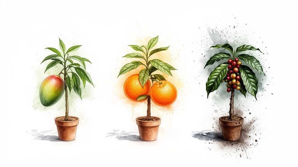 Trois jeunes arbres fruitiers en pot : un manguier, un oranger et un caféier, dans un style aquarelle.