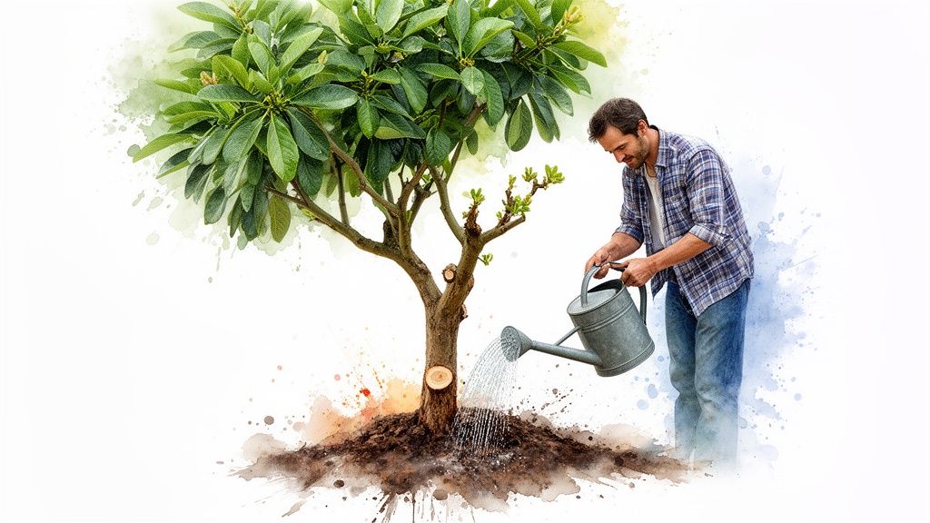 Un homme souriant arrose un jeune arbre verdoyant avec un arrosoir, le tout dans un style aquarelle doux.