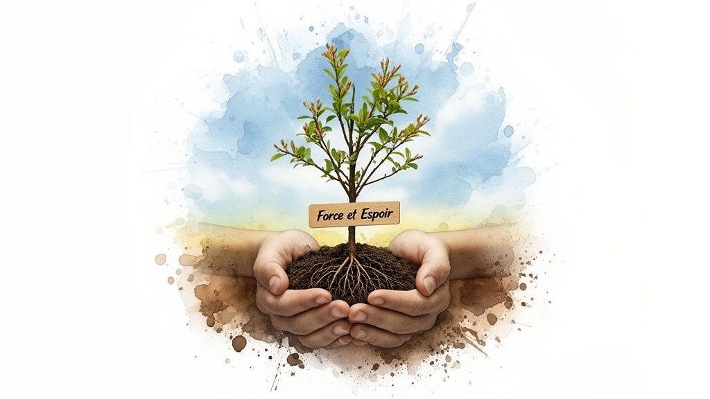 Deux mains tiennent un jeune arbre avec ses racines et le texte 'Force et Espoir', sur fond aquarelle.