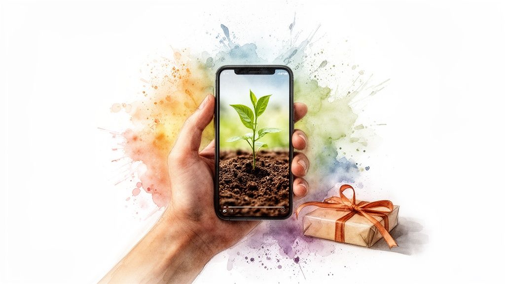 Main tenant un smartphone affichant un jeune plant, avec un cadeau et des éclaboussures d'aquarelle.