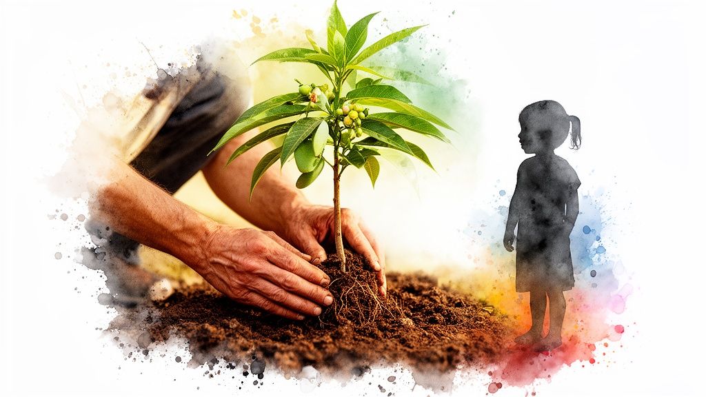 Un adulte plante un jeune arbre avec des fruits dans la terre, à côté de la silhouette d'un enfant, sur fond aquarelle.