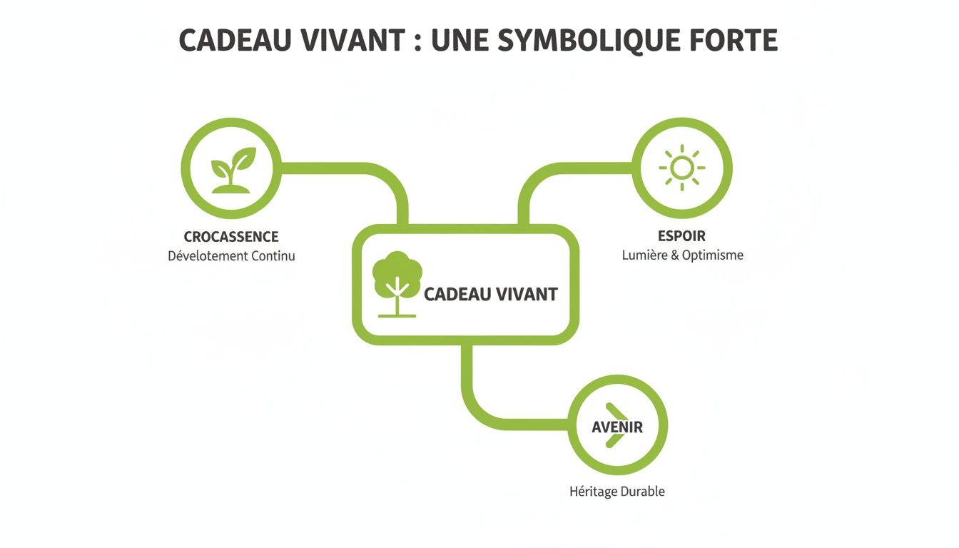 Diagramme illustrant la symbolique forte d'un cadeau vivant, représentant la croissance, l'espoir et l'avenir durable.