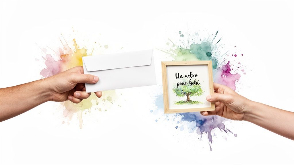 Deux mains échangent un cadeau et un cadre avec un arbre symbolique pour bébé, sur fond aquarelle coloré.
