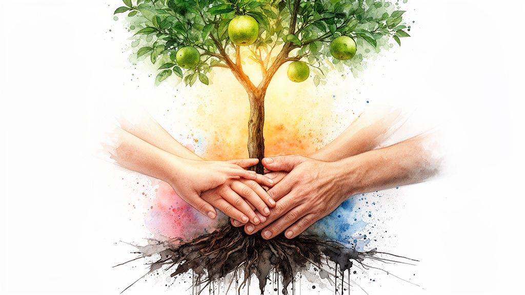 Illustration aquarelle d'un arbre fruitier. Des mains d'adulte et d'enfant tiennent ses racines. Symbolise la croissance et le soin familial.