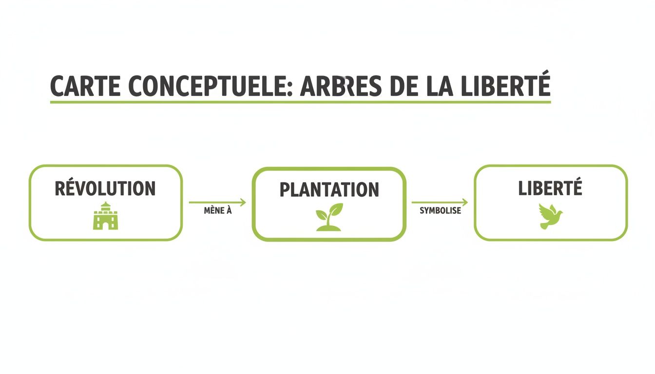 Carte conceptuelle illustrant la Révolution menant à la Plantation, qui symbolise la Liberté.