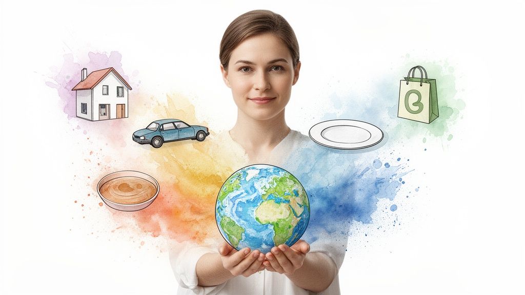Une femme tient la Terre, entourée d'illustrations de maison, voiture, nourriture, vaisselle et sac de courses, symbolisant l'empreinte environnementale.