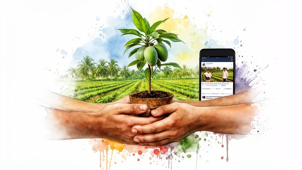 Des mains tiennent un jeune manguier sur fond de champ, avec un téléphone affichant des images d'agriculteurs.