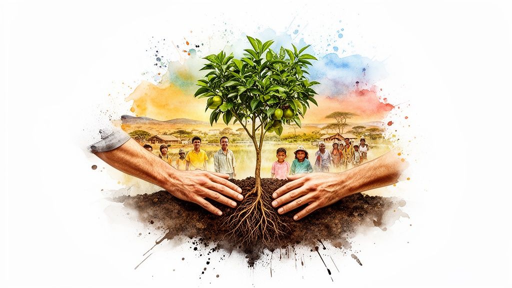 Des mains plantent un arbre fruitier, symbolisant la croissance et l'espoir pour une communauté villageoise.