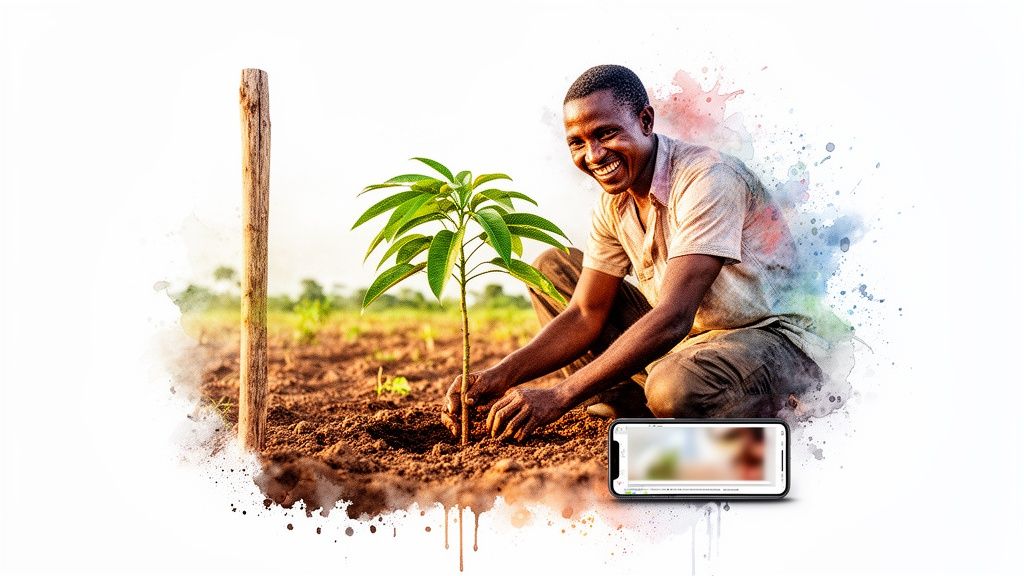 Un homme noir souriant plante un jeune arbre dans un champ avec un piquet, sur fond d'effet aquarelle.