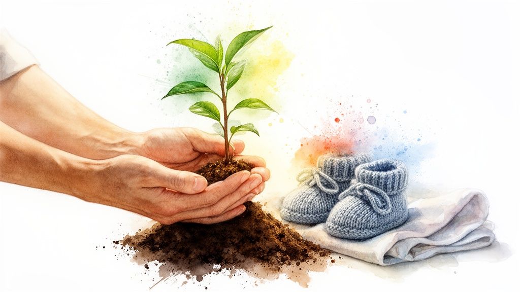 Des mains tiennent une jeune pousse dans la terre, à côté de chaussons de bébé et un linge blanc, symbolisant croissance et nouveau départ.
