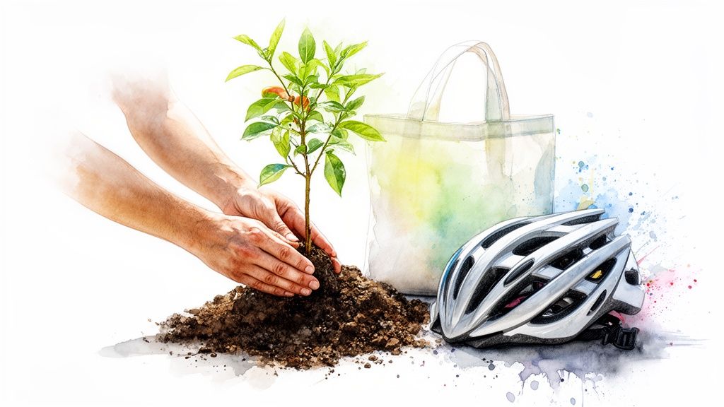 Illustration aquarelle de mains plantant un arbre, avec un sac réutilisable et un casque de vélo, symbolisant l'écologie.