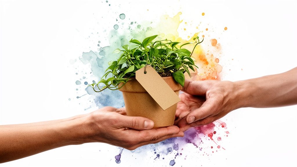 Deux mains tendent une plante verte en pot avec une étiquette vierge, sur un fond blanc éclaboussé d'aquarelle colorée.