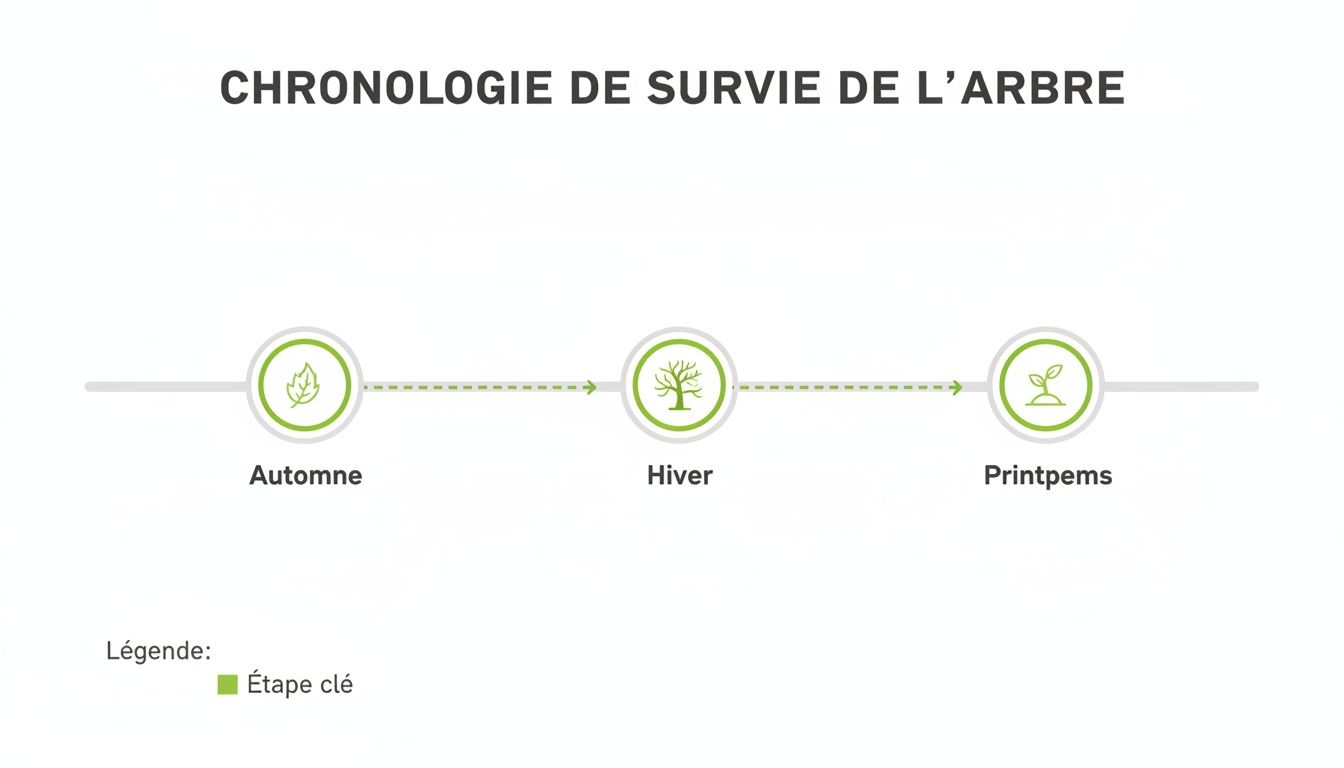 Chronologie visuelle de la survie d'un arbre à travers l'automne, l'hiver et le printemps, avec icônes saisonnières.