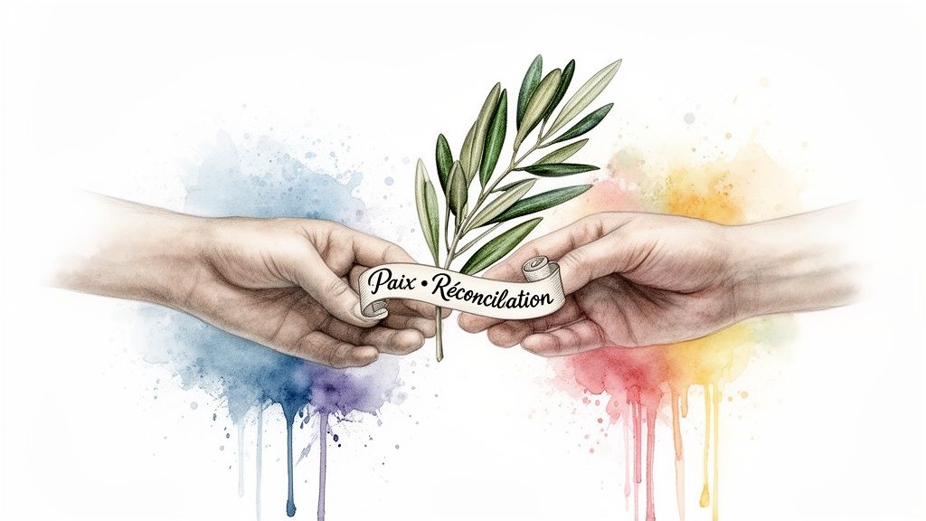 Deux mains tiennent une branche d'olivier avec le texte 'Paix • Réconciliation' sur un fond aquarelle.